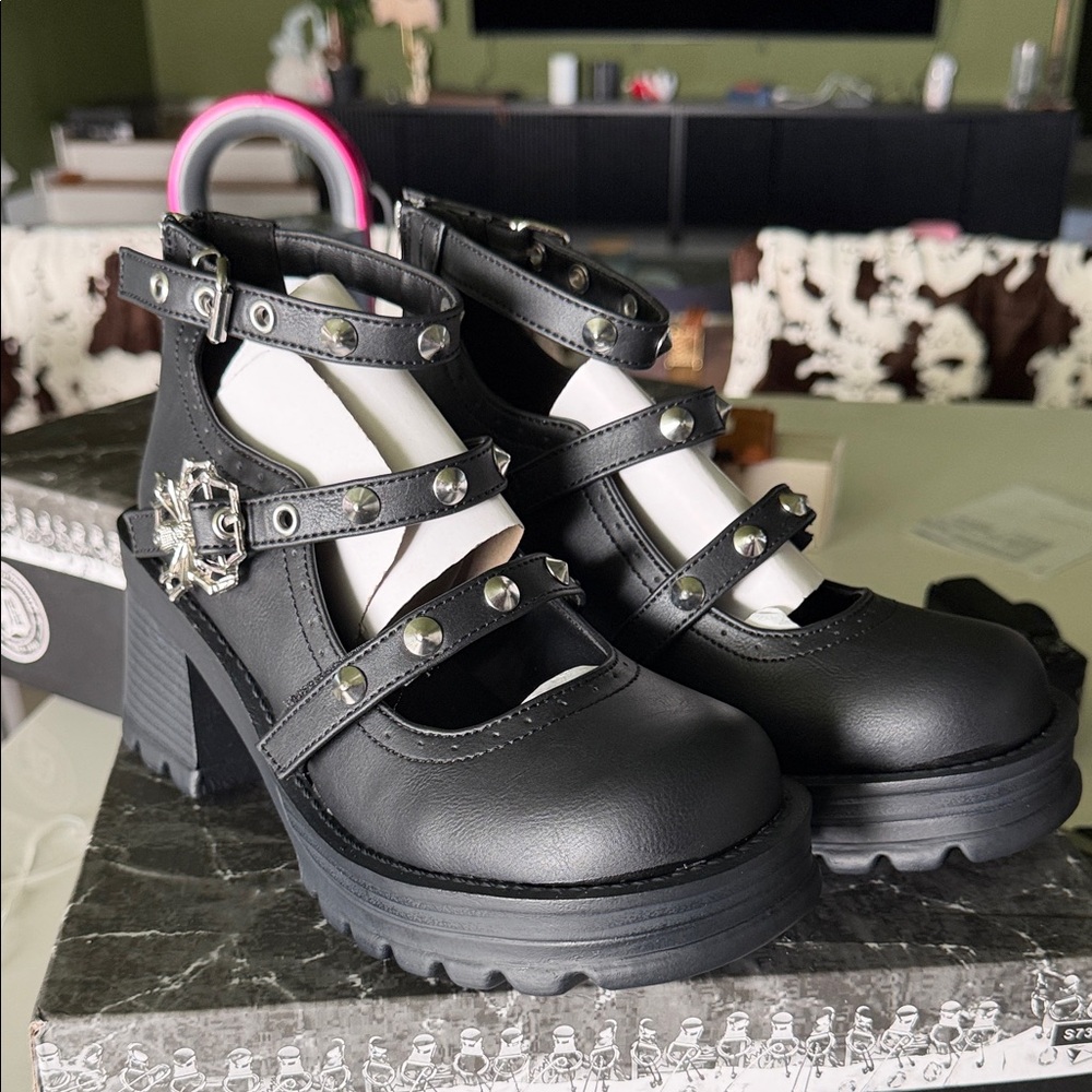 Demonia Black Studded Platform Mary Jane Heels
